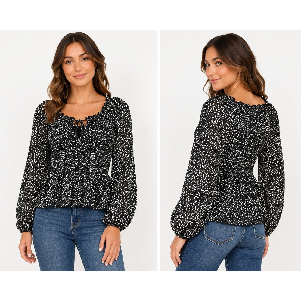 Universal Thread Black White‎ Speckle Smocked Peasant Blouse Med. Balloon Sleeve